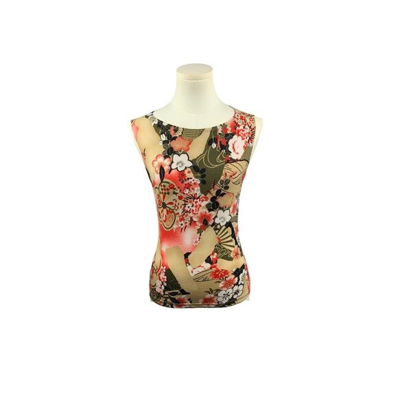 Lipstick Japanese Floral Print Sleeveless Stretch Tank Top S - Picture 1 of 5